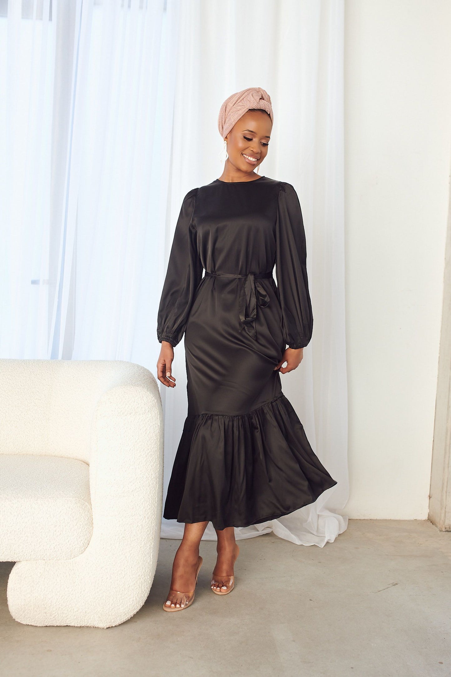 Satin Dress with Puff Sleeve