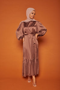 Satin Dress with Puff Sleeve