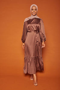 Satin Dress with Puff Sleeve